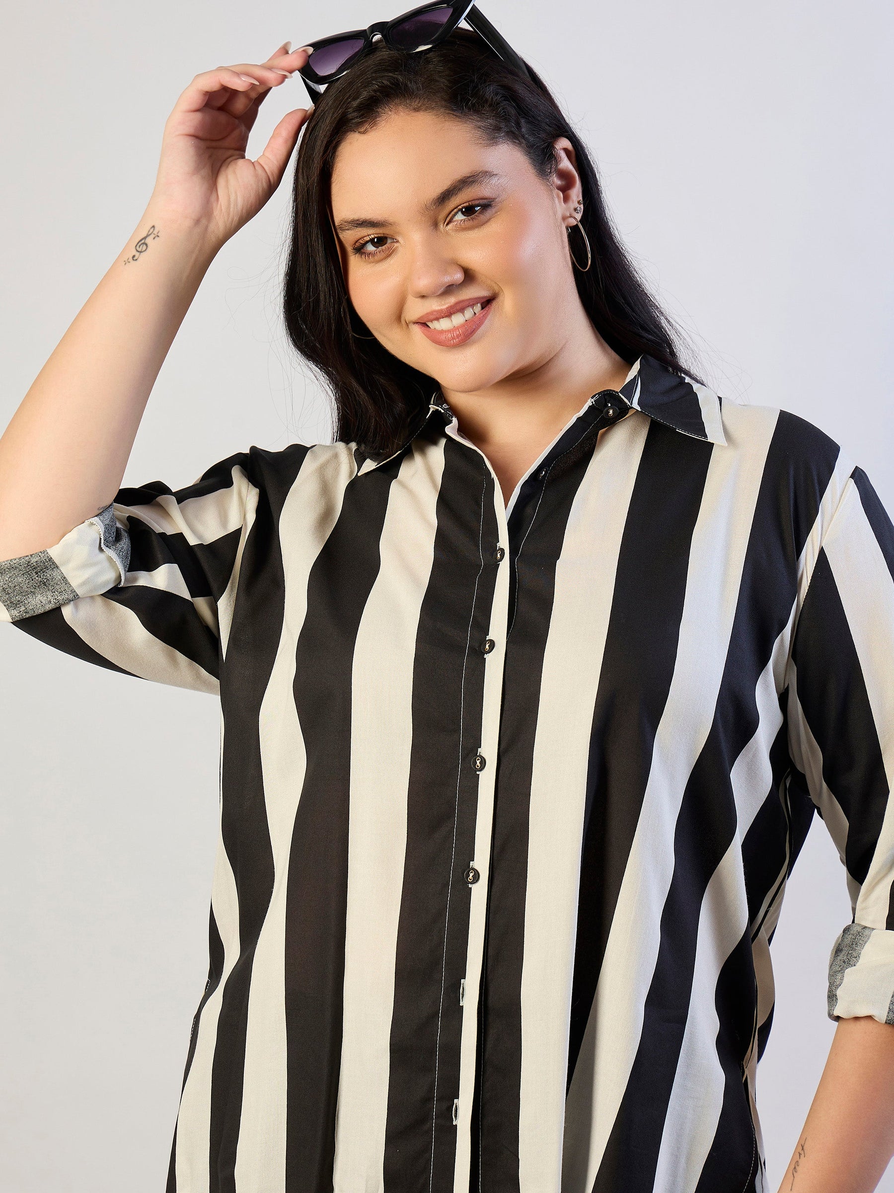 Black & White Striped Regular Shirt-SASSAFRAS CURVE