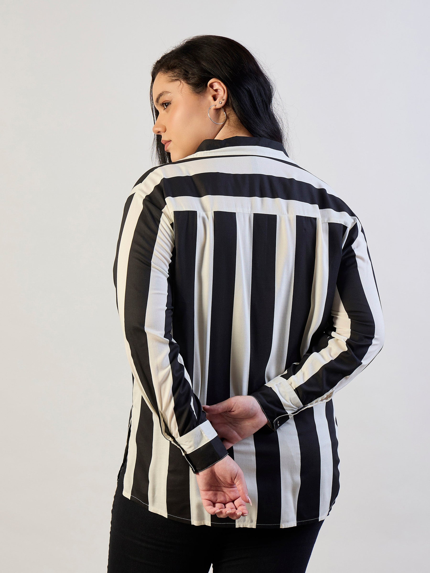 Black & White Striped Regular Shirt-SASSAFRAS CURVE