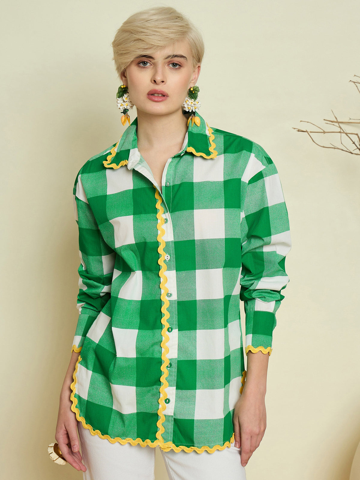 Green Big Check Ric Rac Regular Shirt-Pink Paprika By SASSAFRAS