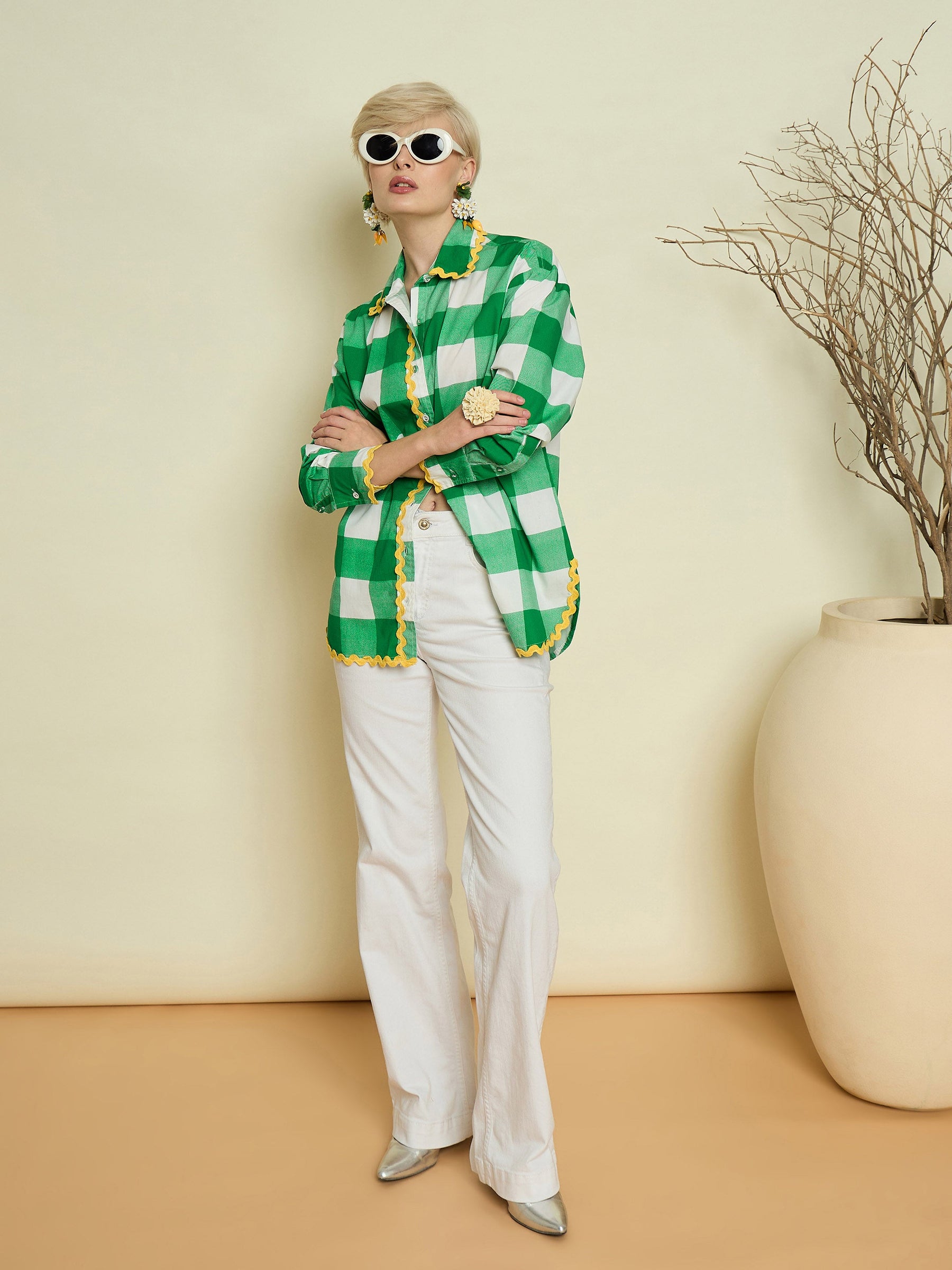 Green Big Check Ric Rac Regular Shirt-Pink Paprika By SASSAFRAS