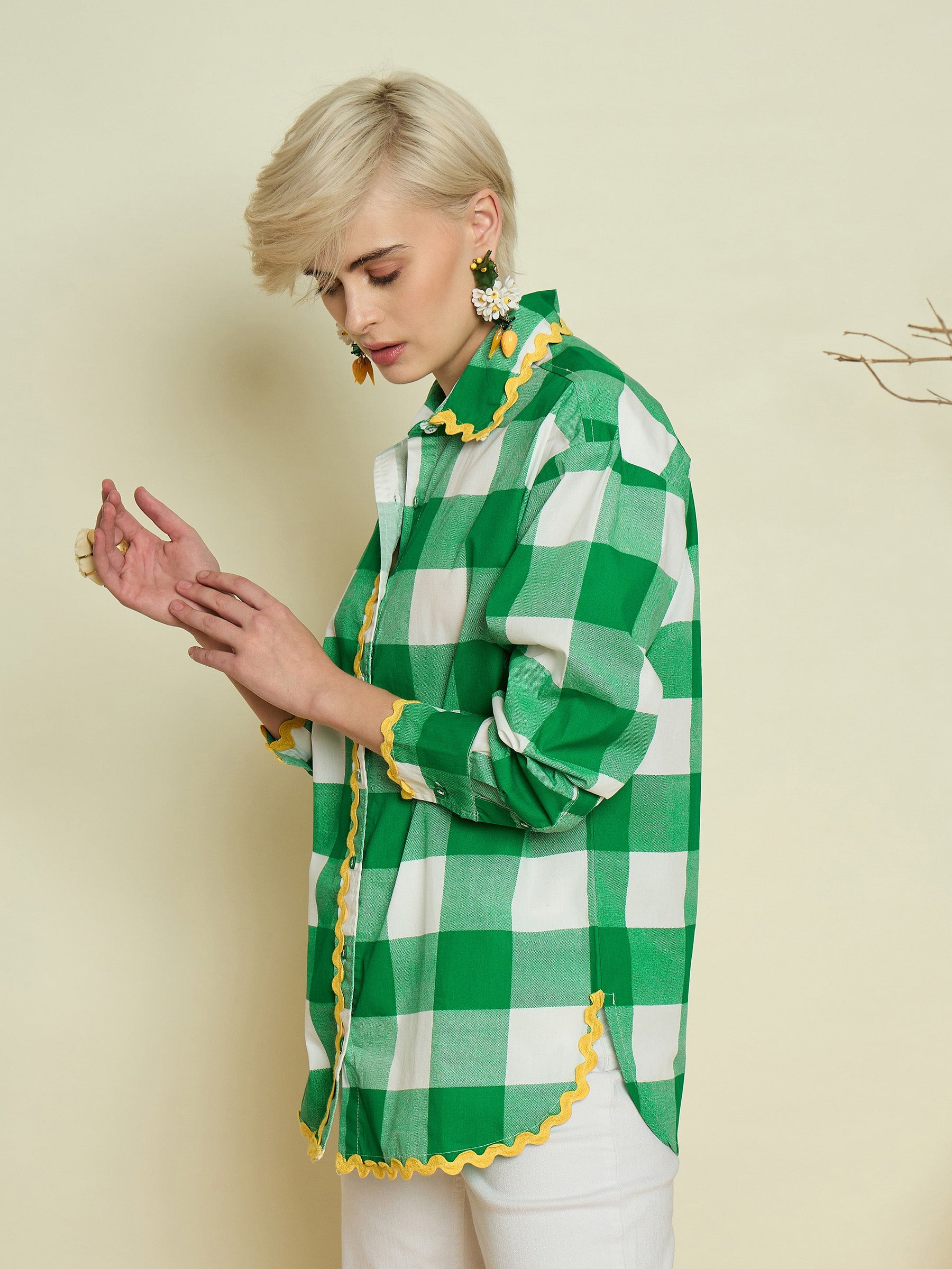 Green Big Check Ric Rac Regular Shirt-Pink Paprika By SASSAFRAS