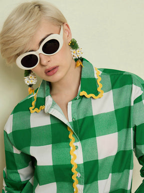 Green Big Check Ric Rac Regular Shirt-Pink Paprika By SASSAFRAS