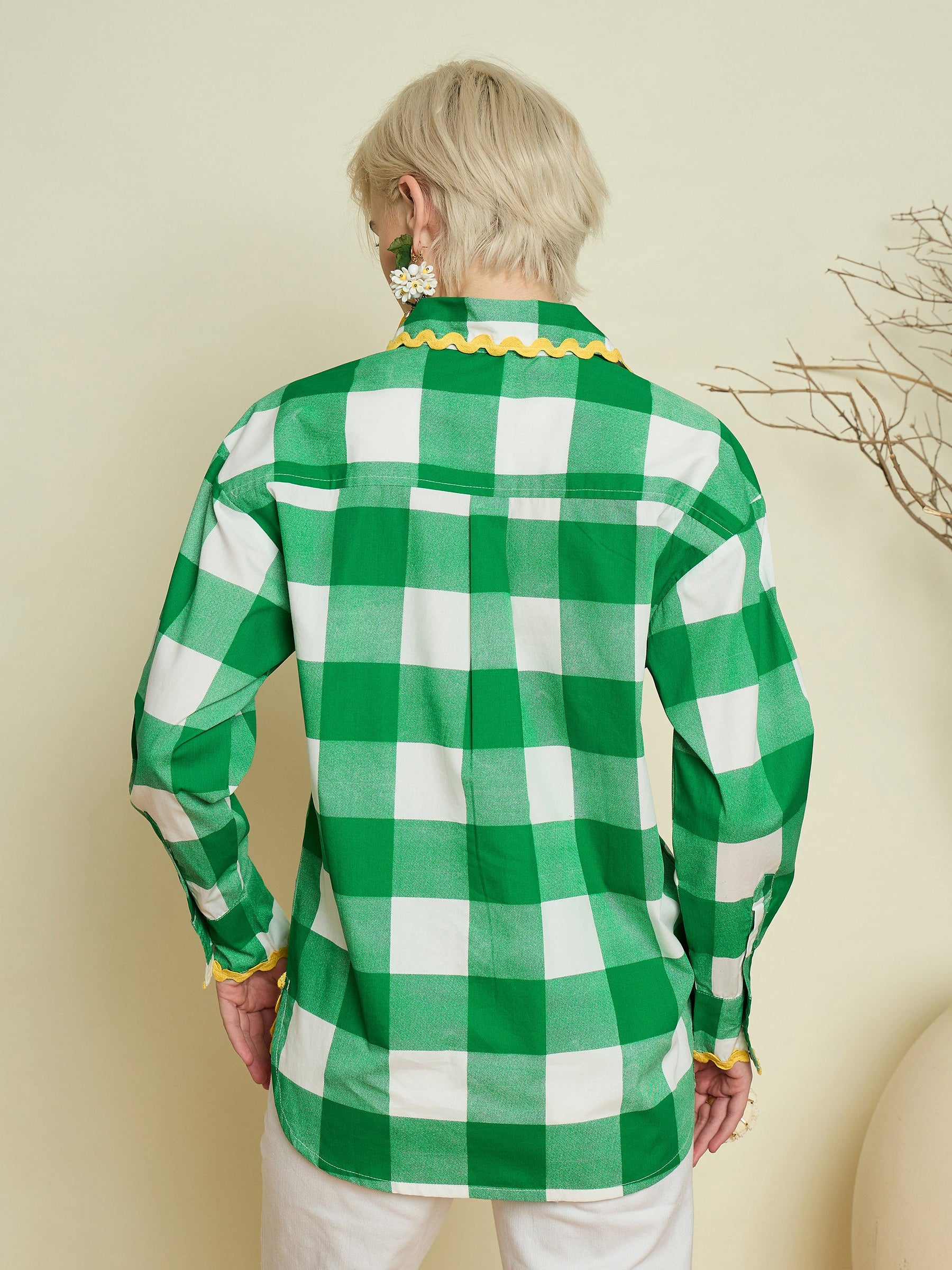 Green Big Check Ric Rac Regular Shirt-Pink Paprika By SASSAFRAS