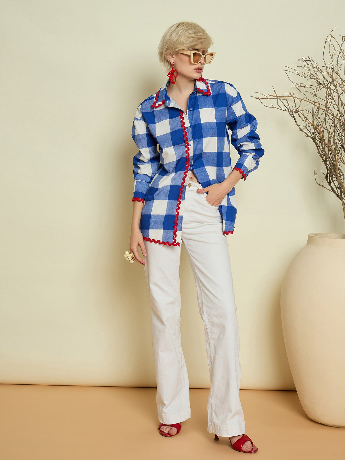 Blue Big Check Ric Rac Regular Shirt-Pink Paprika By SASSAFRAS