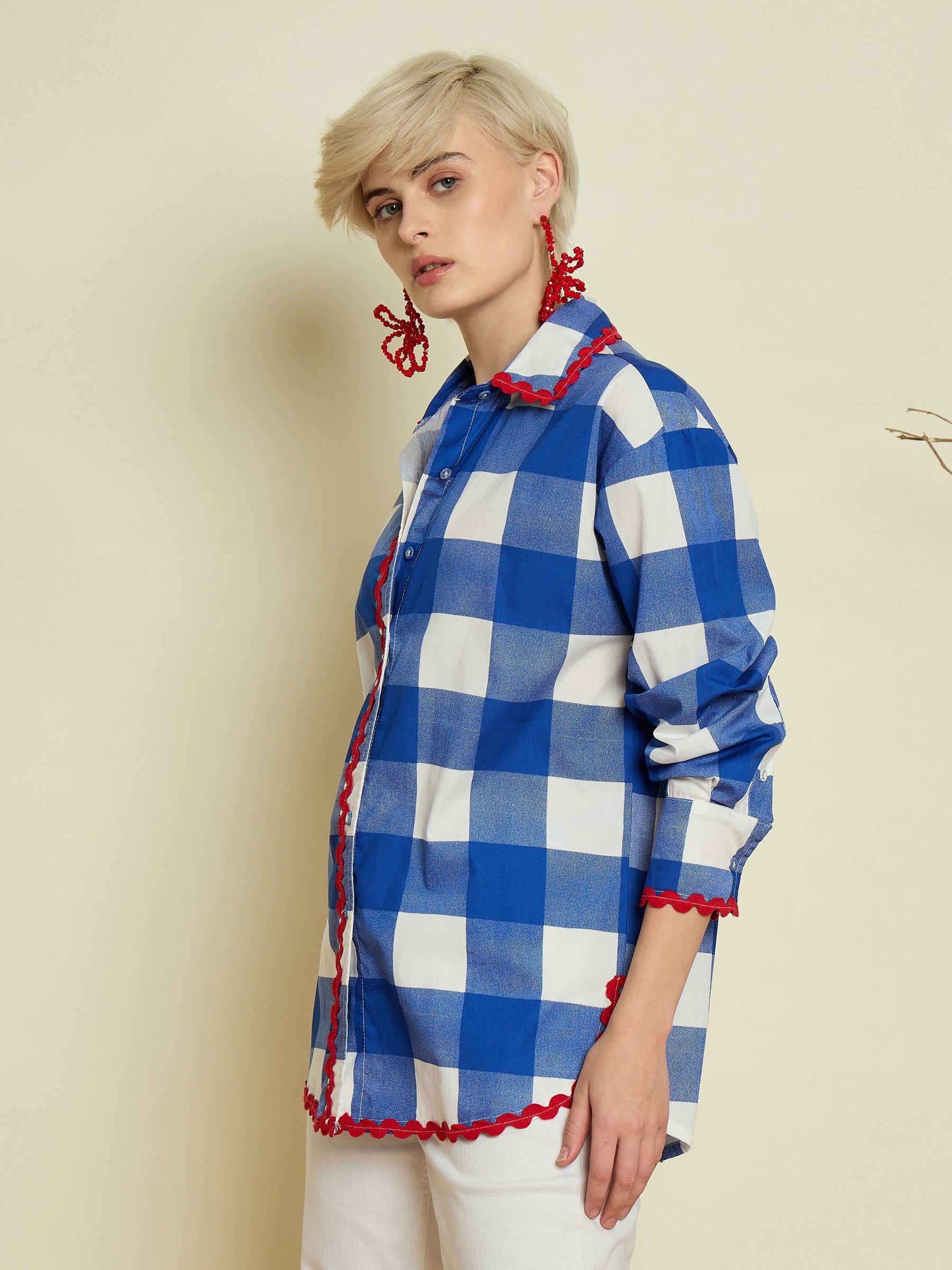 Blue Big Check Ric Rac Regular Shirt-Pink Paprika By SASSAFRAS