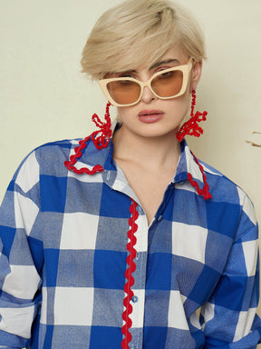 Blue Big Check Ric Rac Regular Shirt-Pink Paprika By SASSAFRAS