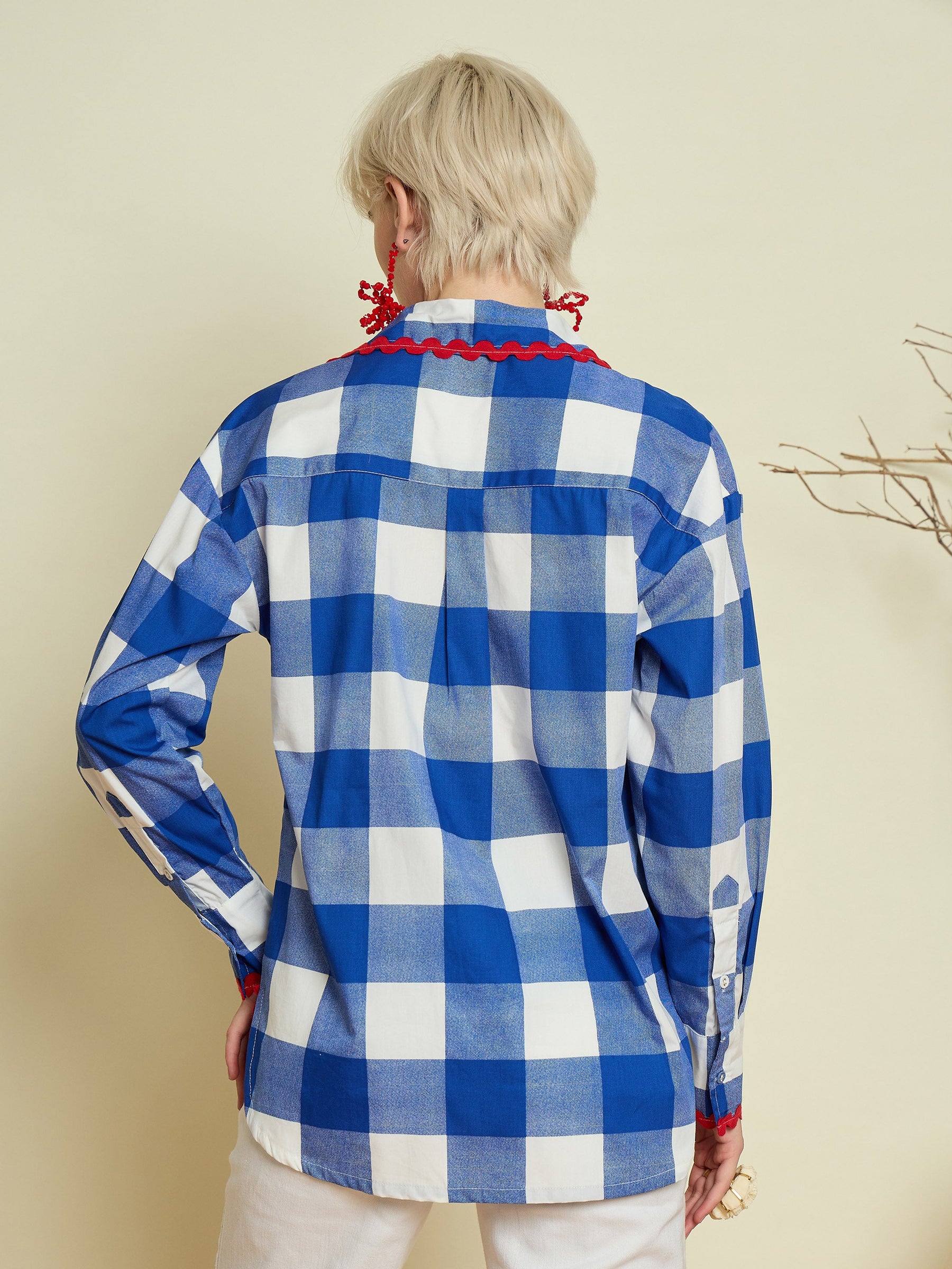 Blue Big Check Ric Rac Regular Shirt-Pink Paprika By SASSAFRAS