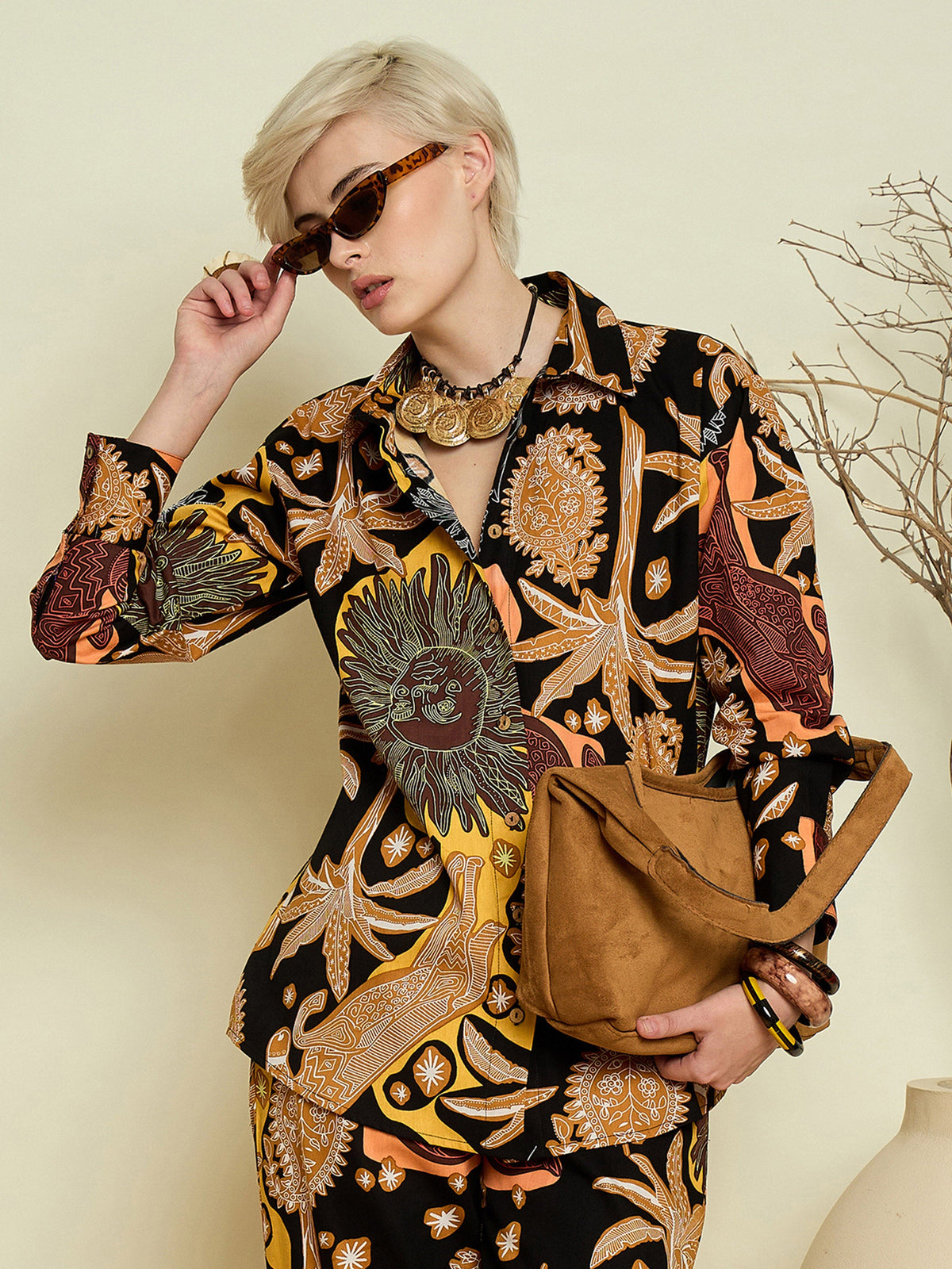 Black Boho Printed Regular Shirt-Pink Paprika By SASSAFRAS