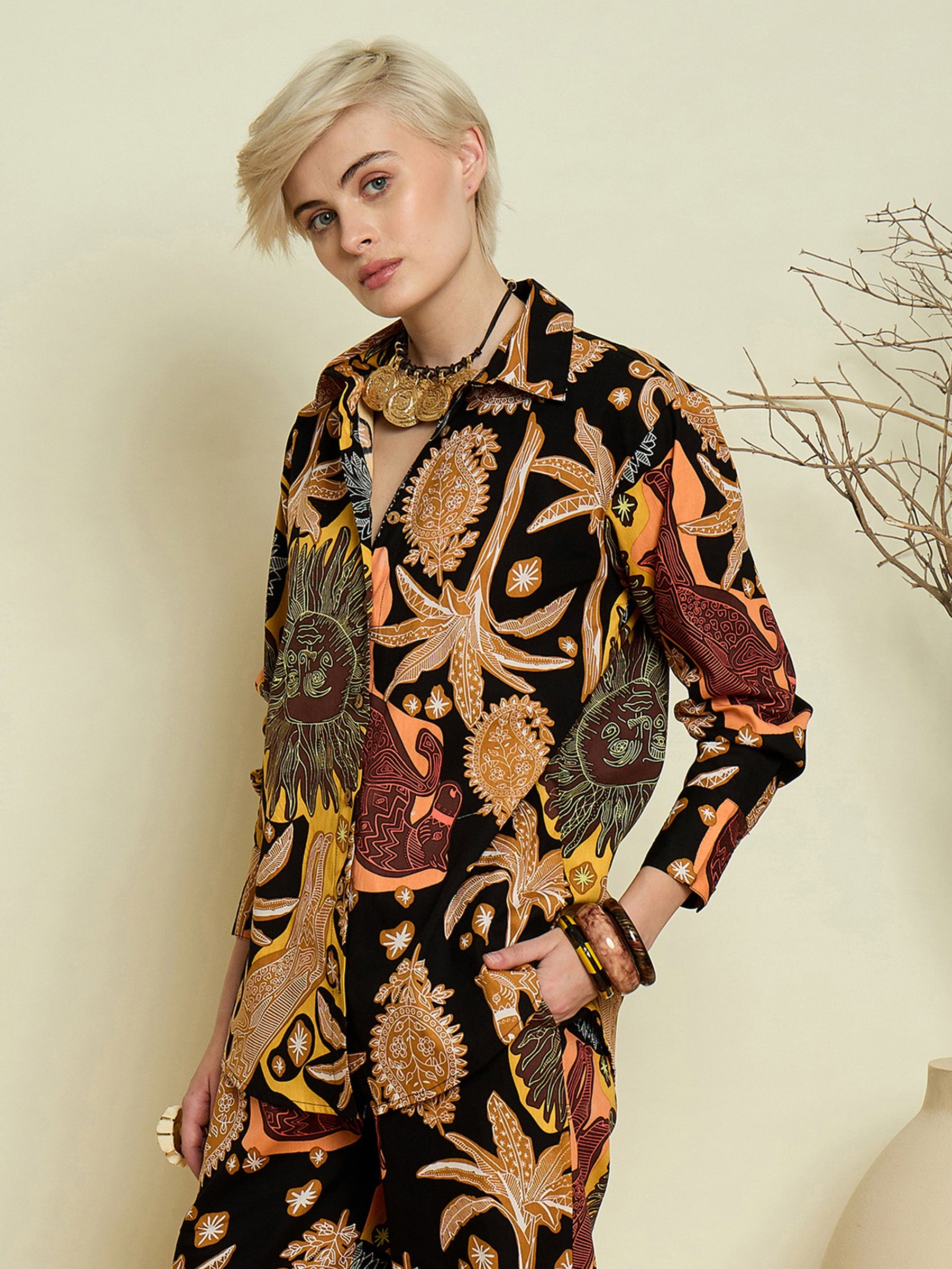 Black Boho Printed Regular Shirt-Pink Paprika By SASSAFRAS