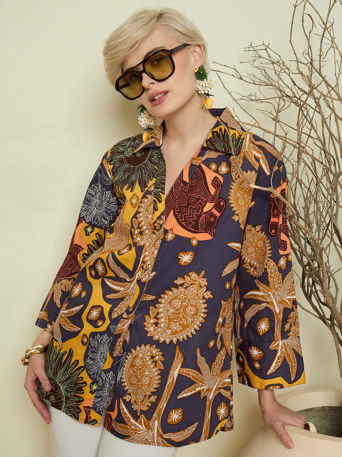 Grey Boho Printed Bell Sleeves Regular Shirt-Pink Paprika By SASSAFRAS