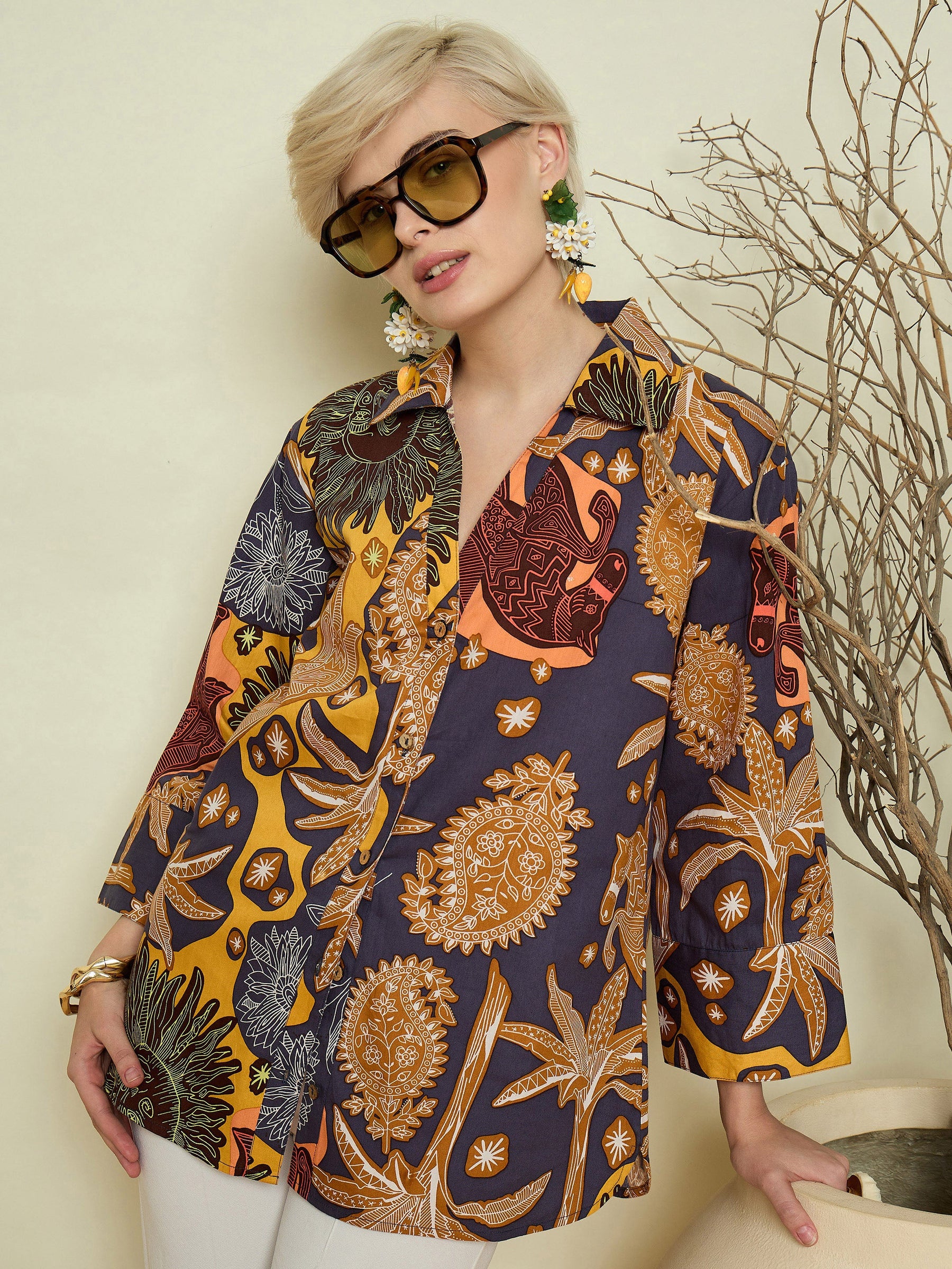 Grey Boho Printed Bell Sleeves Regular Shirt-Pink Paprika By SASSAFRAS