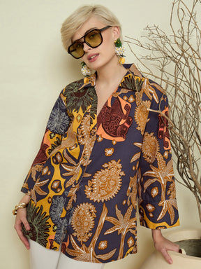 Grey Boho Printed Bell Sleeves Regular Shirt-Pink Paprika By SASSAFRAS