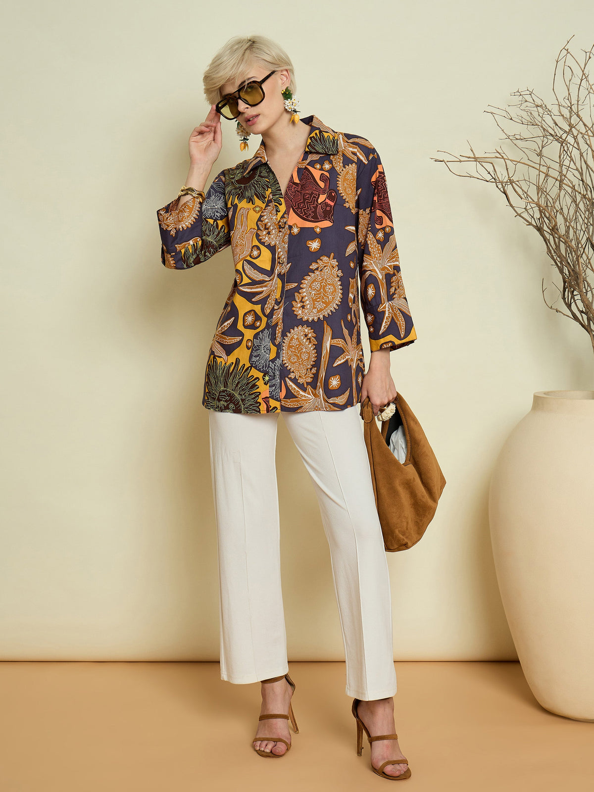 Grey Boho Printed Bell Sleeves Regular Shirt-Pink Paprika By SASSAFRAS