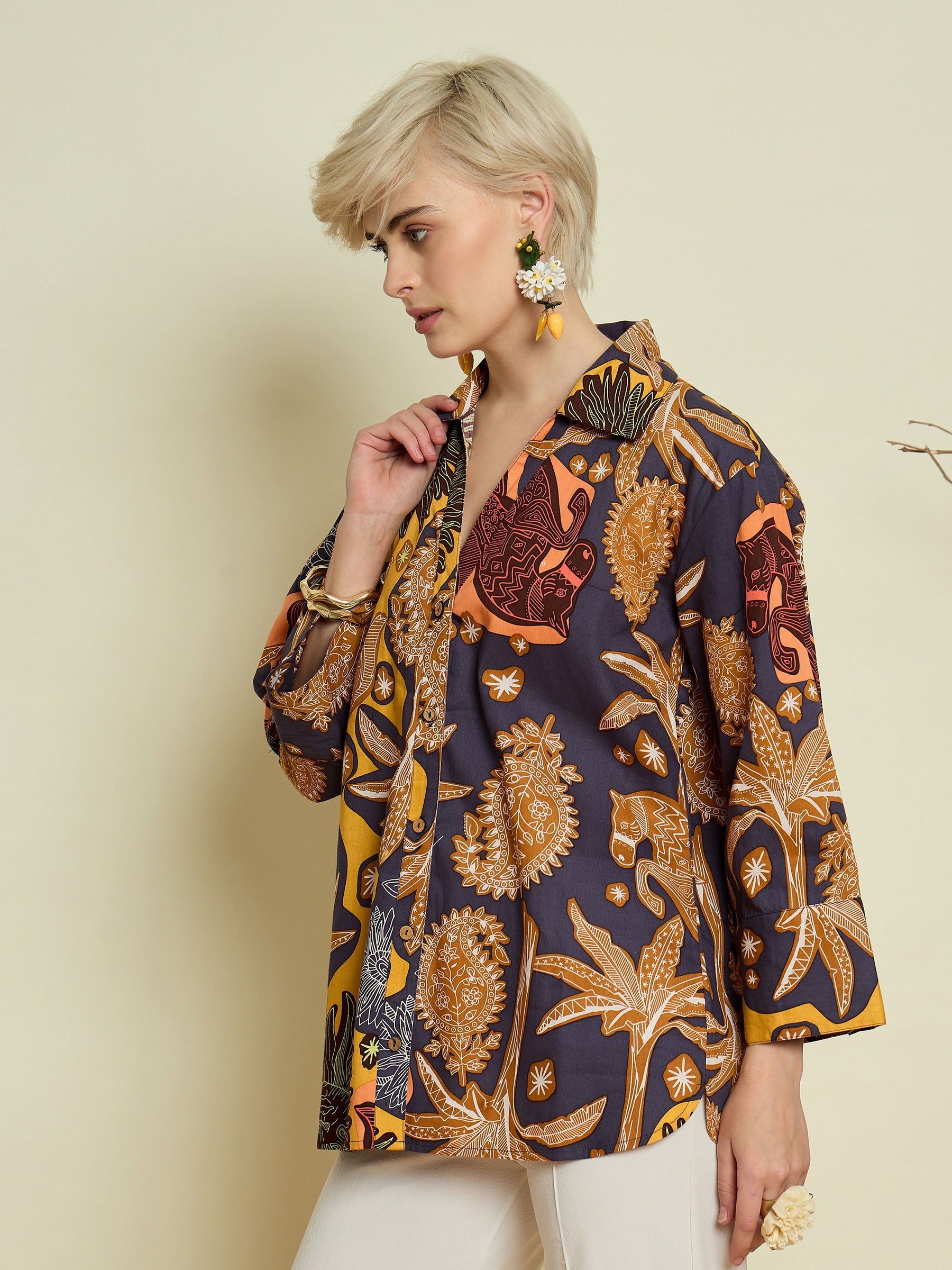 Grey Boho Printed Bell Sleeves Regular Shirt-Pink Paprika By SASSAFRAS