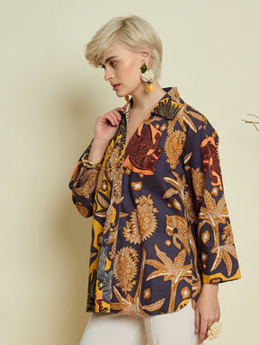 Grey Boho Printed Bell Sleeves Regular Shirt-Pink Paprika By SASSAFRAS