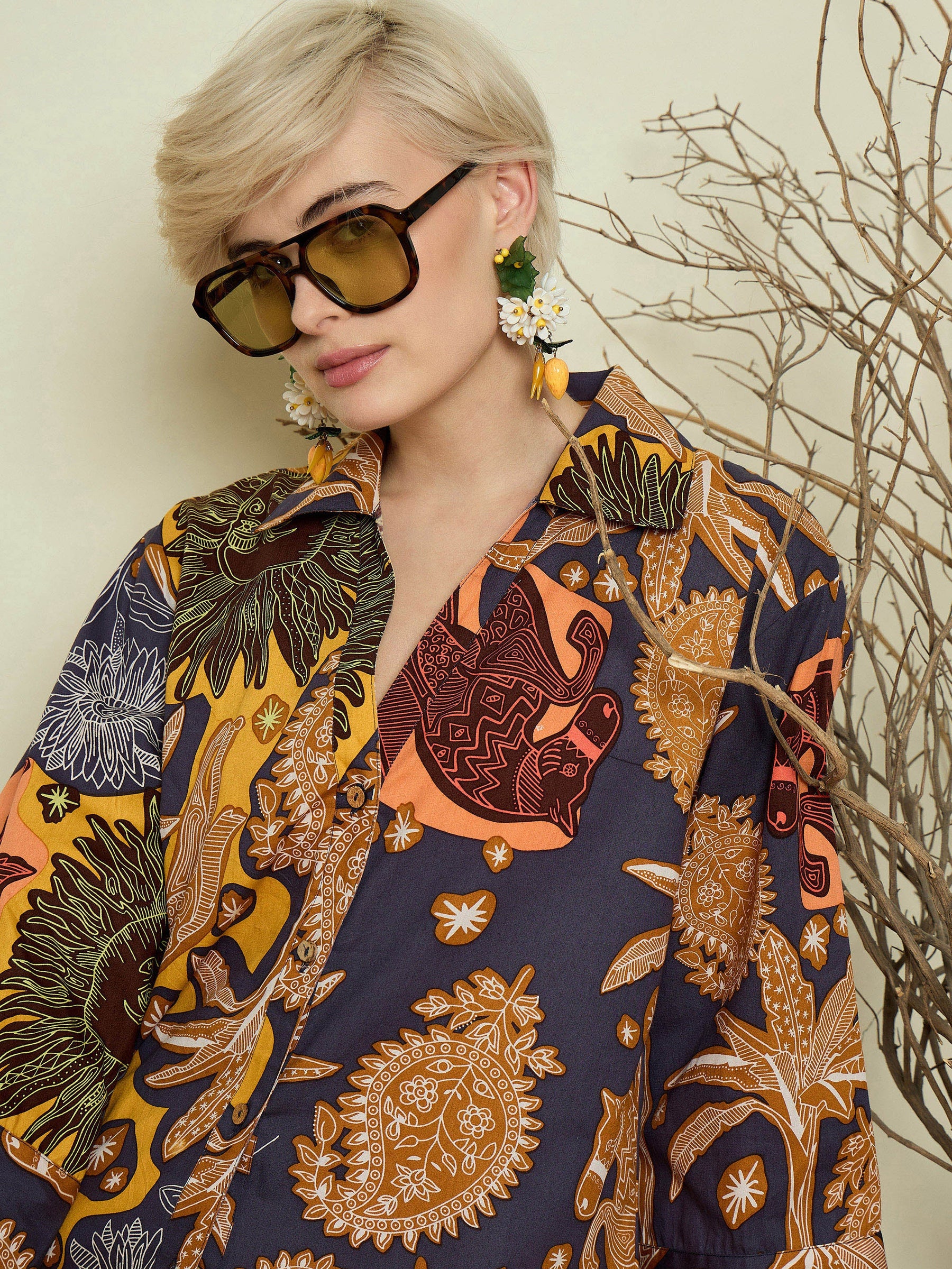 Grey Boho Printed Bell Sleeves Regular Shirt-Pink Paprika By SASSAFRAS