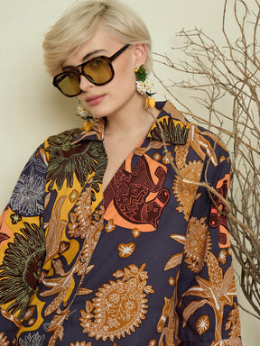Grey Boho Printed Bell Sleeves Regular Shirt-Pink Paprika By SASSAFRAS