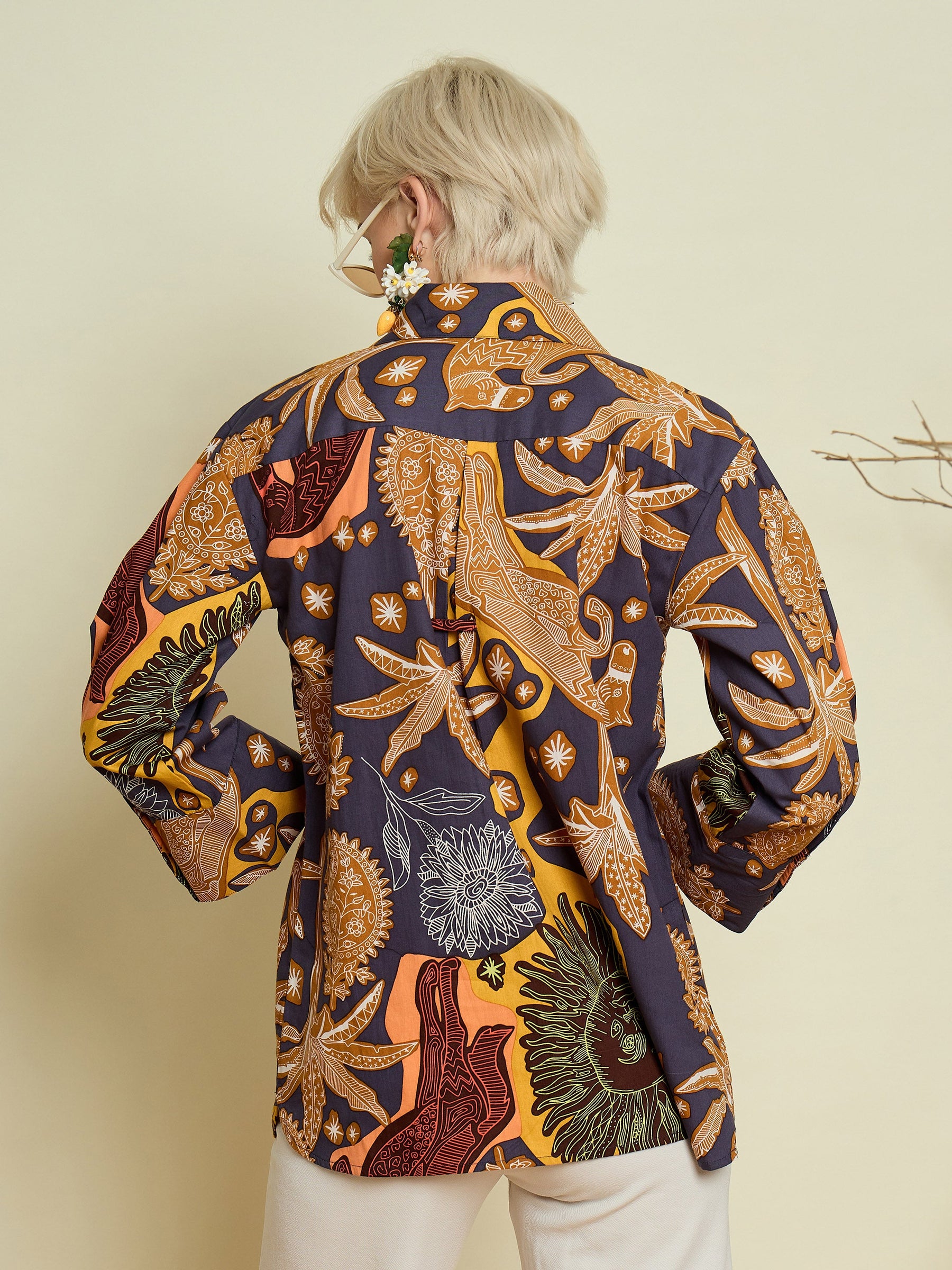 Grey Boho Printed Bell Sleeves Regular Shirt-Pink Paprika By SASSAFRAS
