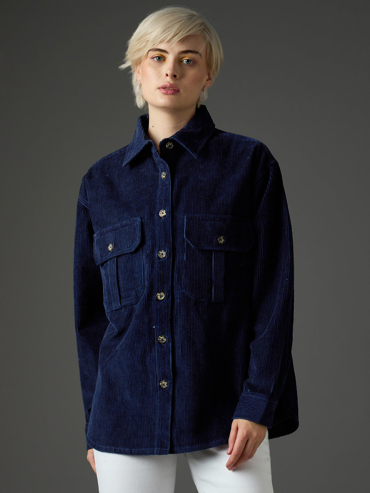 Navy Blue Corduroy Oversized Shirt-SASSAFRAS