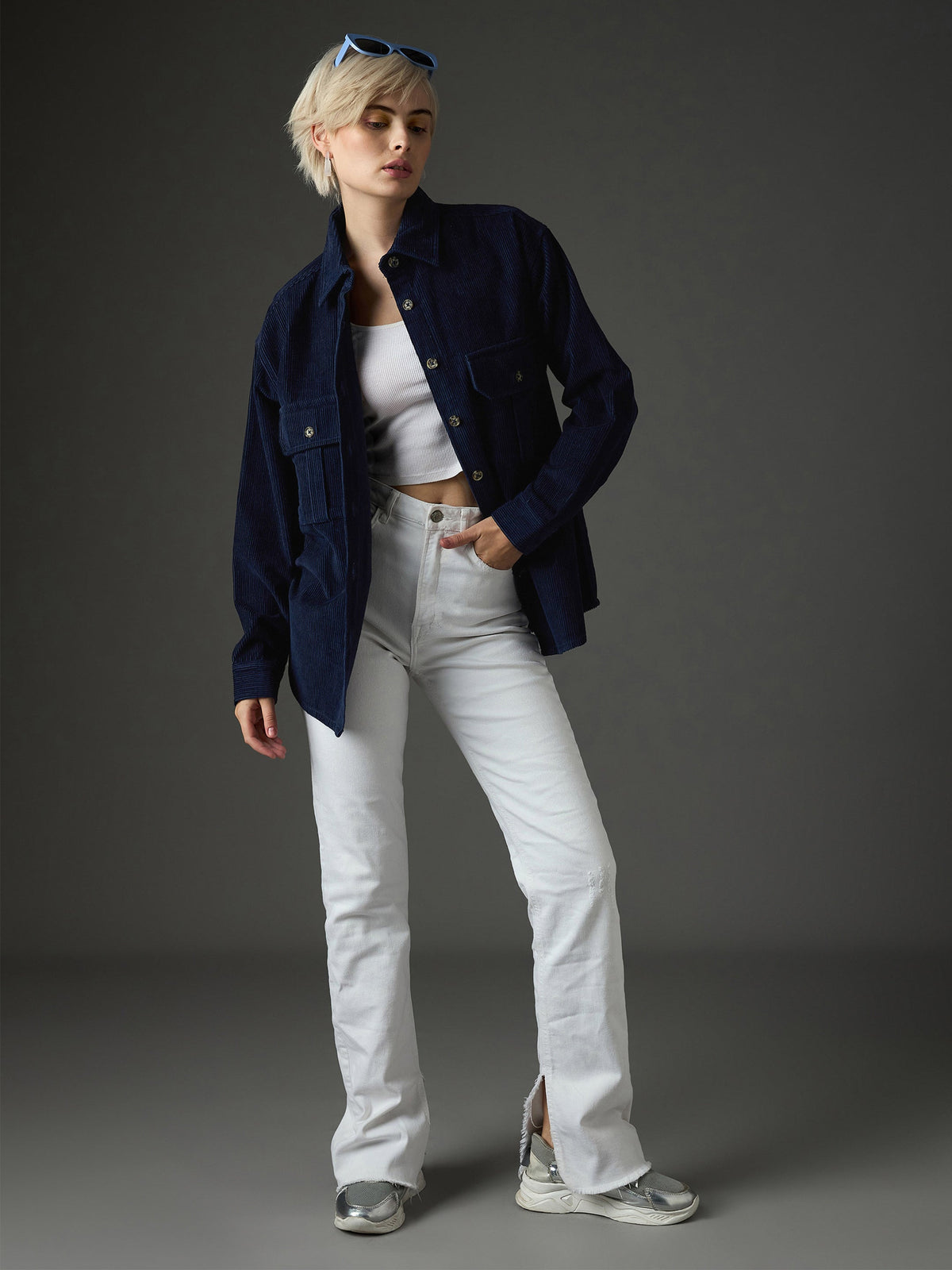 Navy Blue Corduroy Oversized Shirt-SASSAFRAS