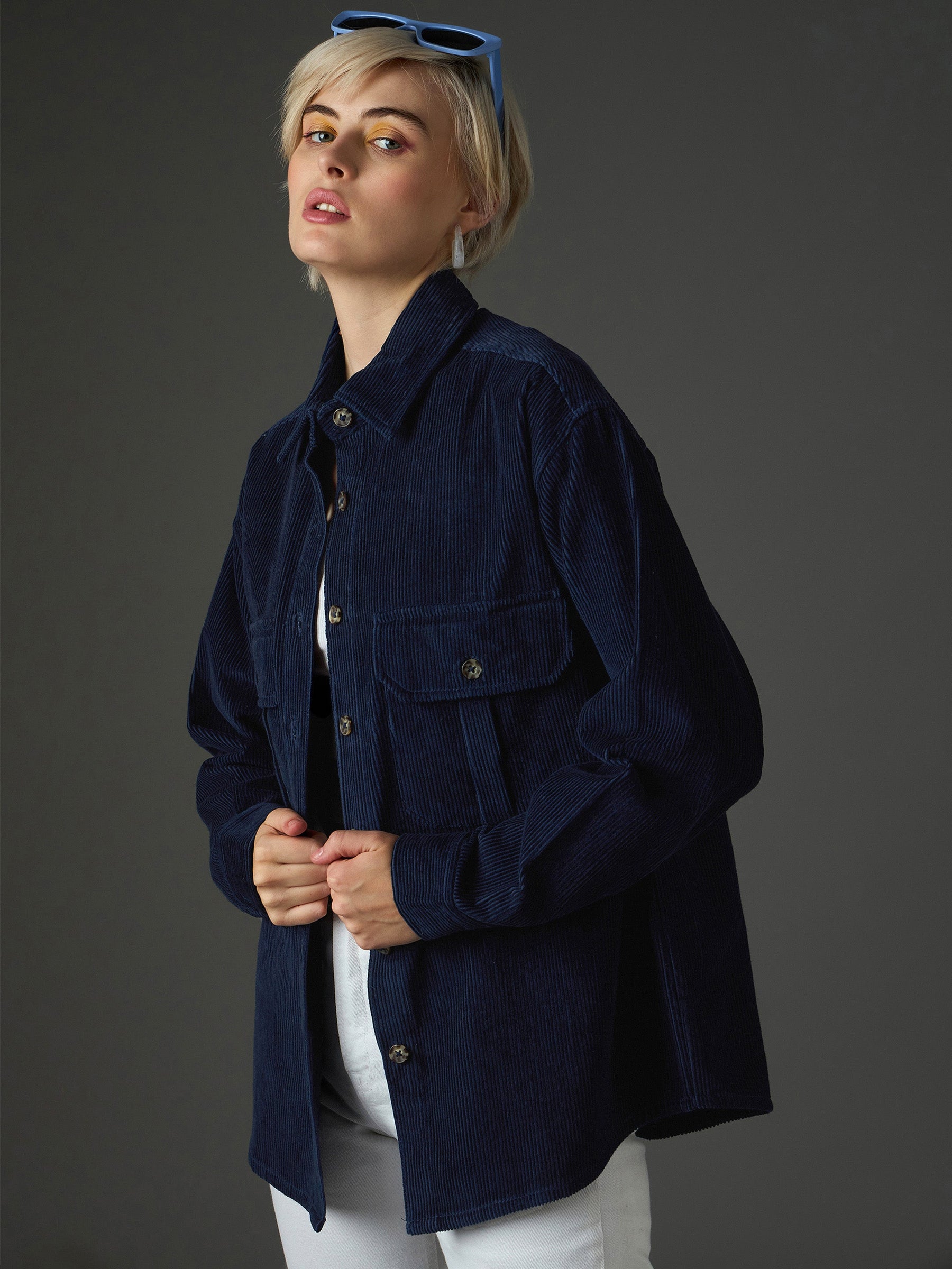 Navy Blue Corduroy Oversized Shirt-SASSAFRAS