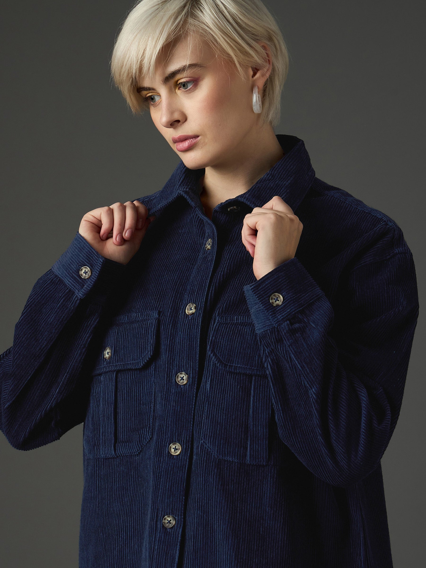 Navy Blue Corduroy Oversized Shirt-SASSAFRAS