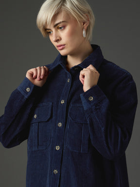 Navy Blue Corduroy Oversized Shirt-SASSAFRAS