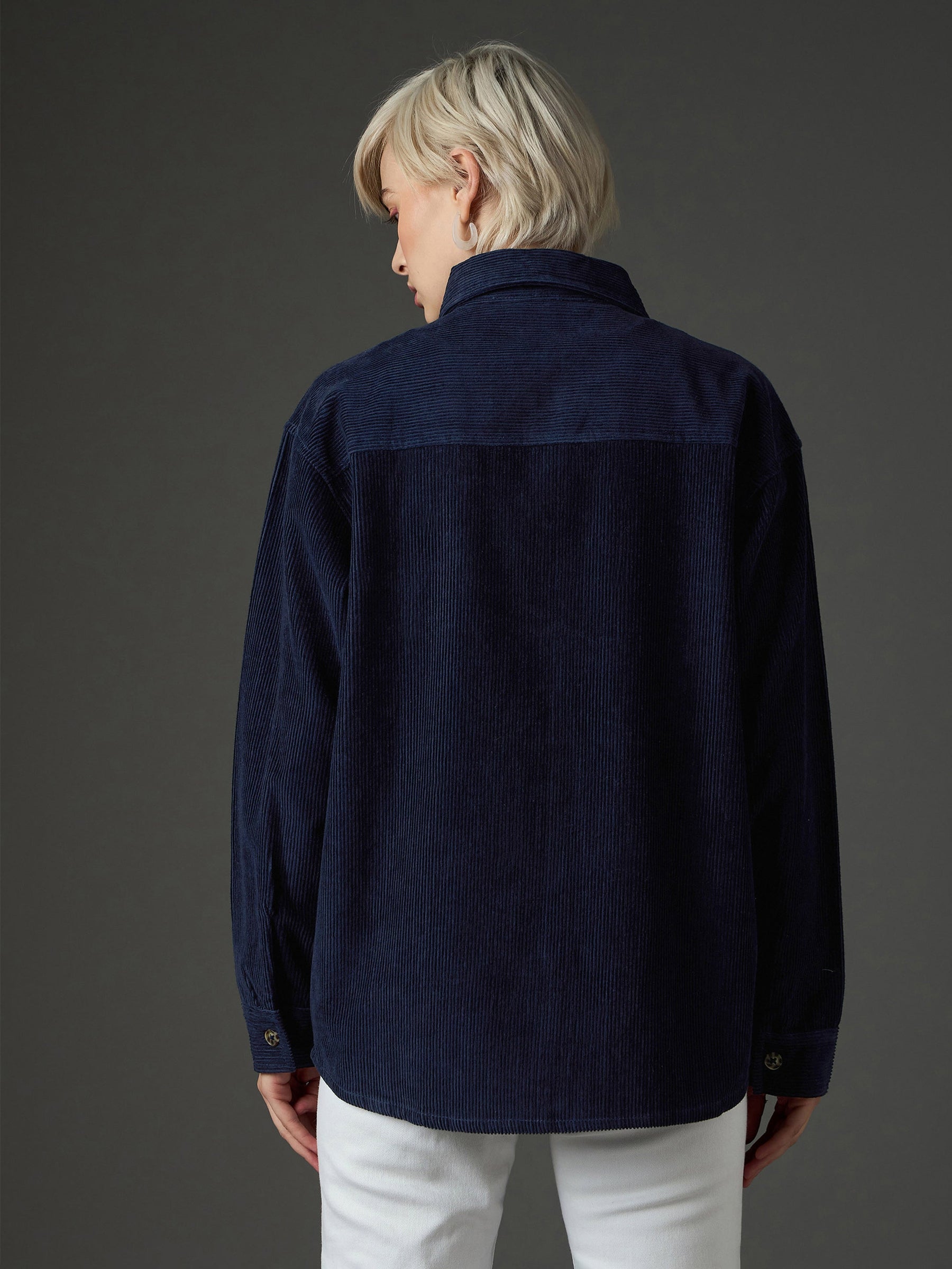 Navy Blue Corduroy Oversized Shirt-SASSAFRAS
