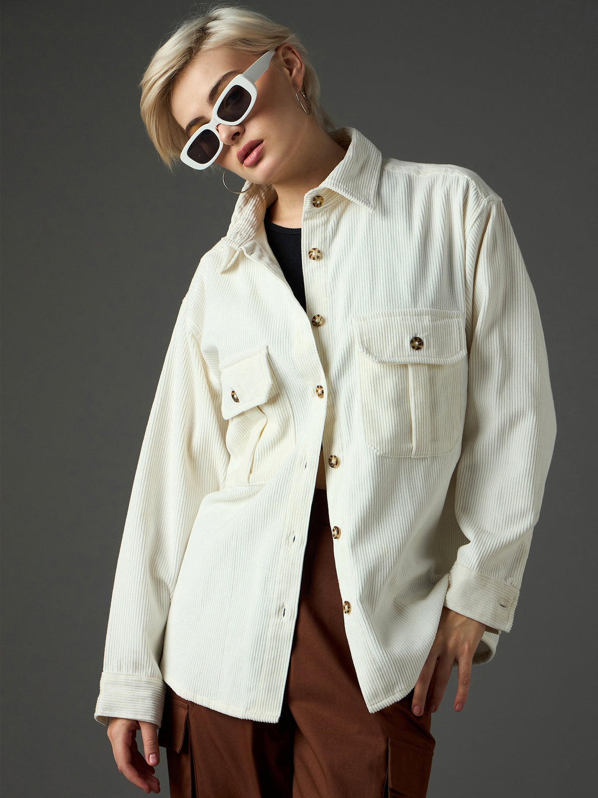 White Corduroy Oversized Shirt-SASSAFRAS