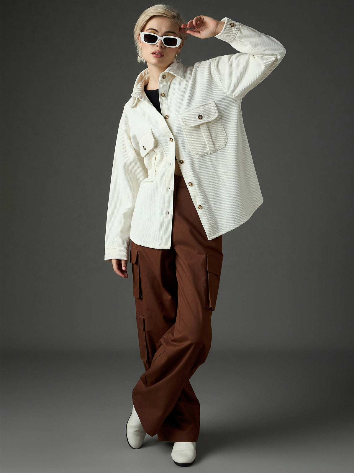 White Corduroy Oversized Shirt-SASSAFRAS