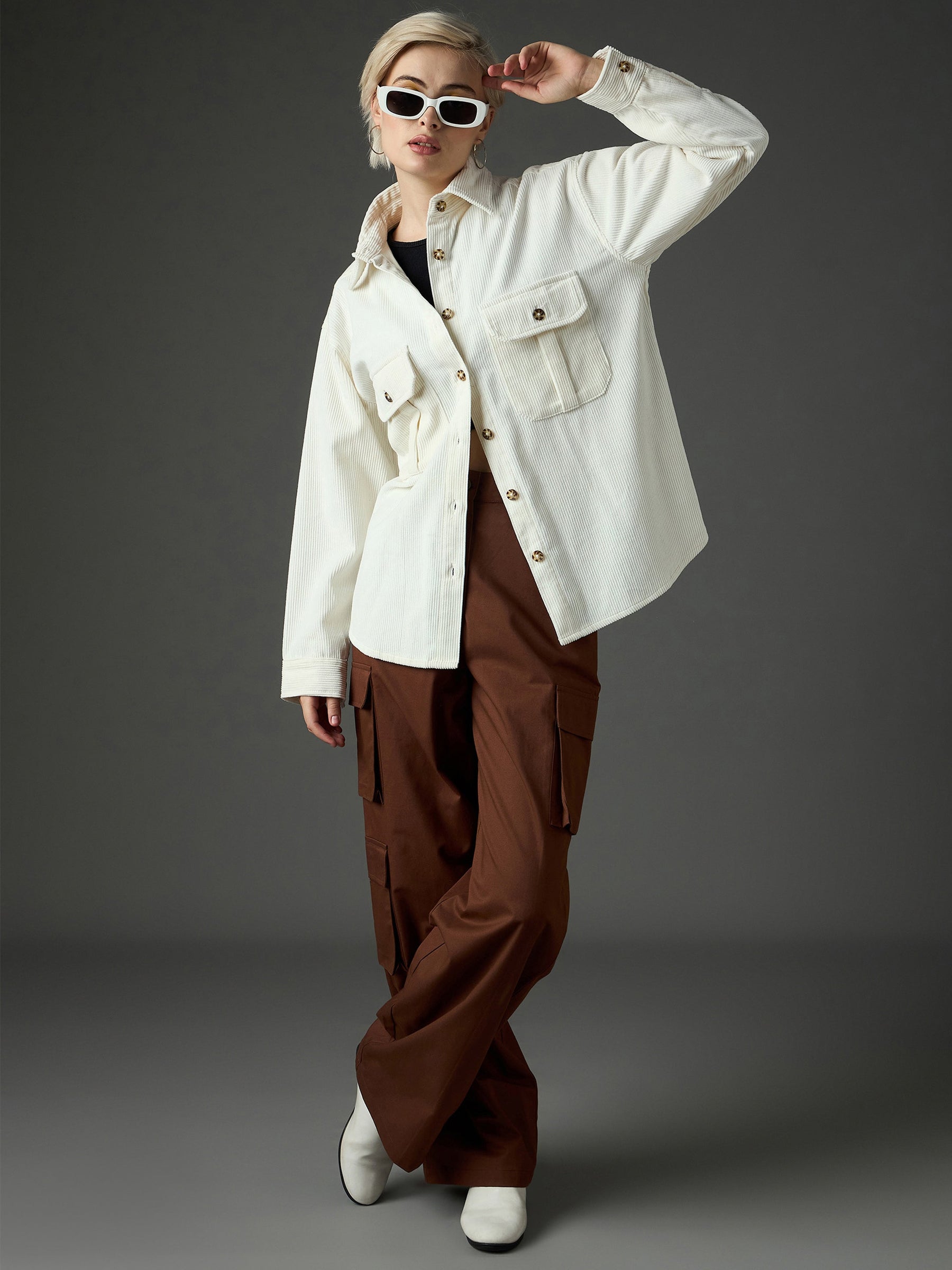 White Corduroy Oversized Shirt-SASSAFRAS