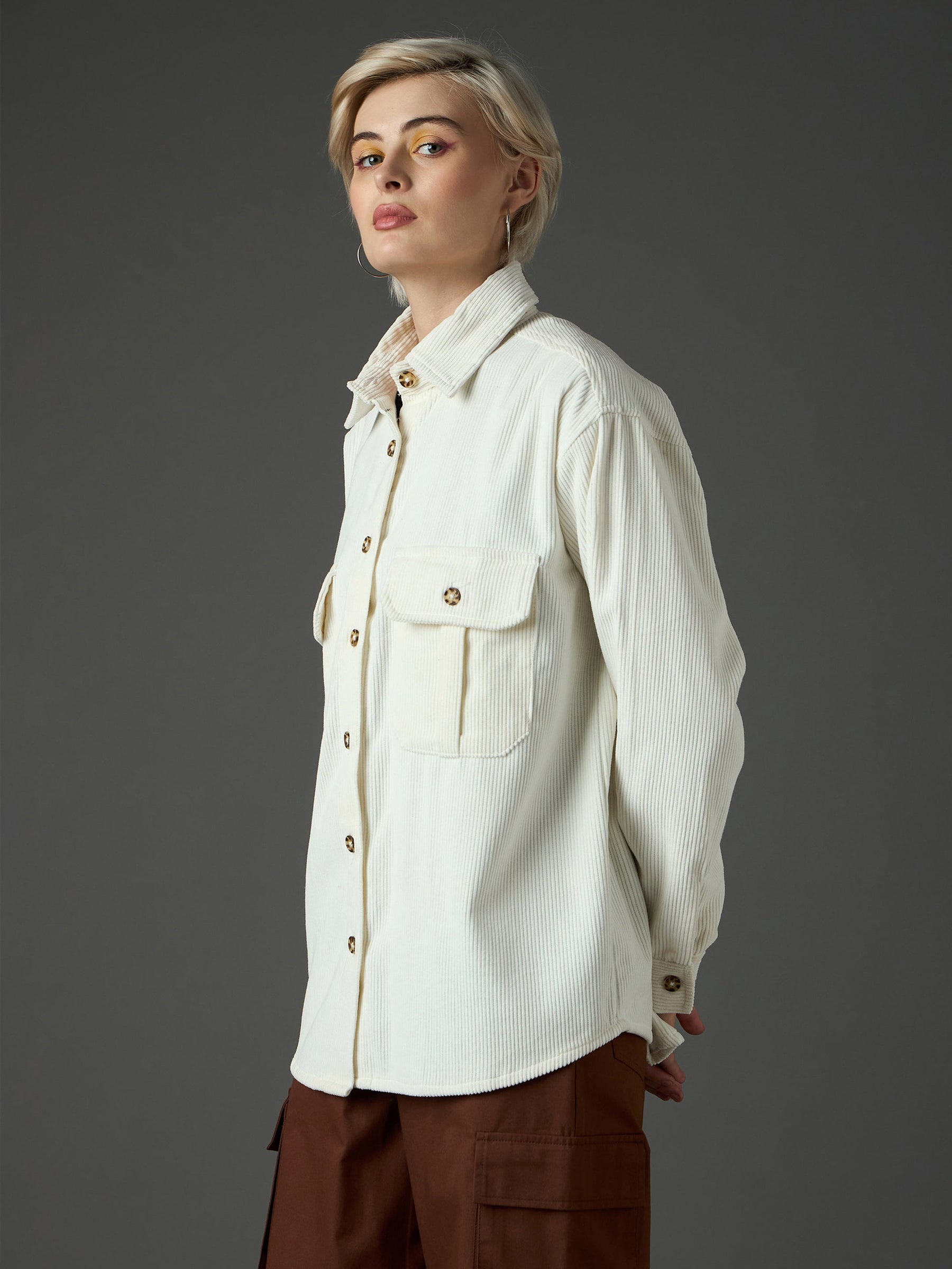 White Corduroy Oversized Shirt-SASSAFRAS