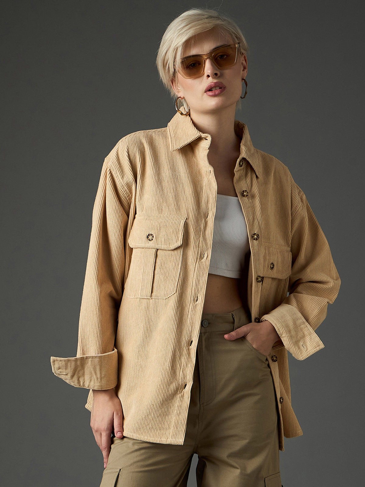 Light Beige Corduroy Oversized Shirt-SASSAFRAS
