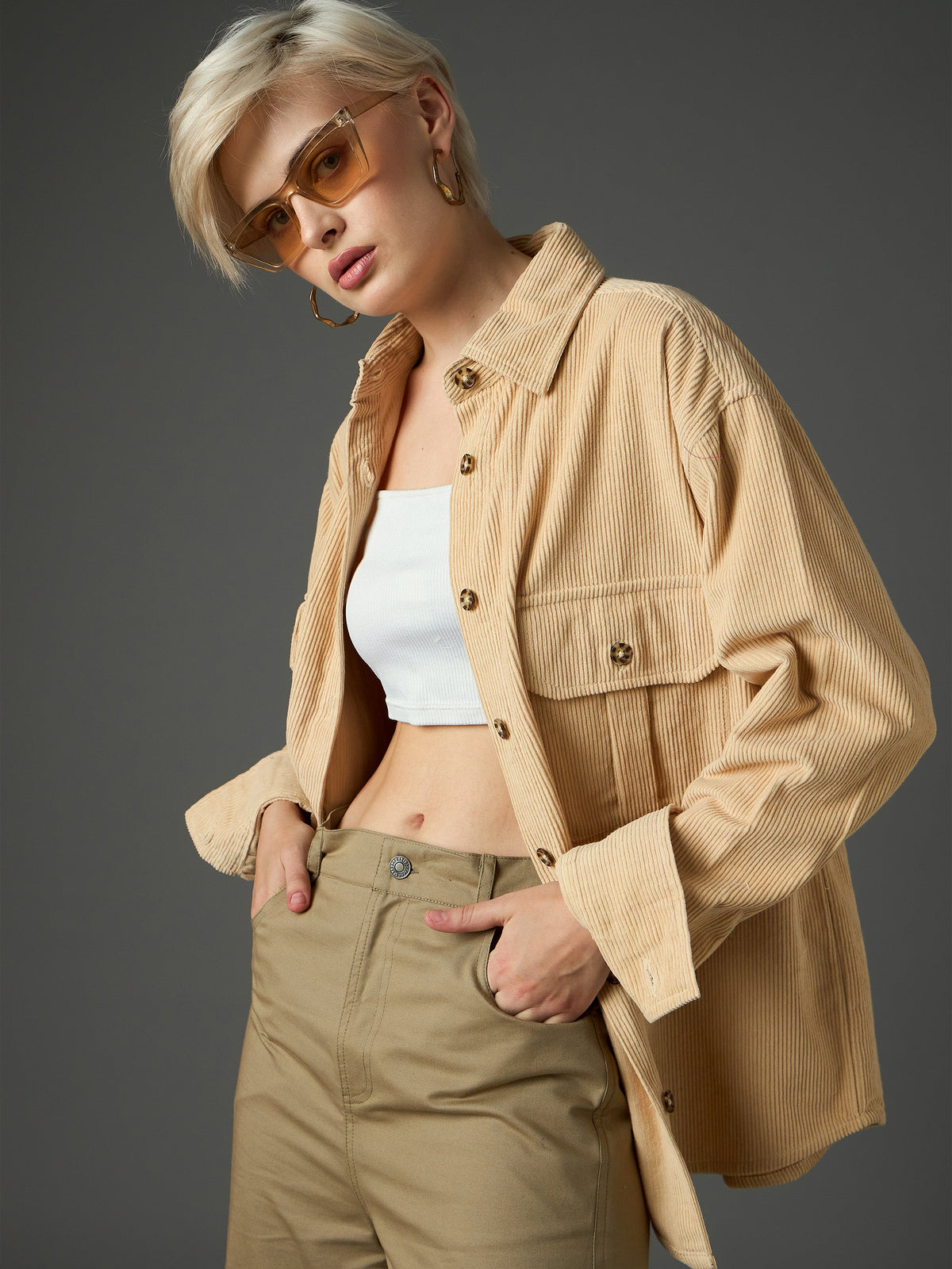 Light Beige Corduroy Oversized Shirt-SASSAFRAS