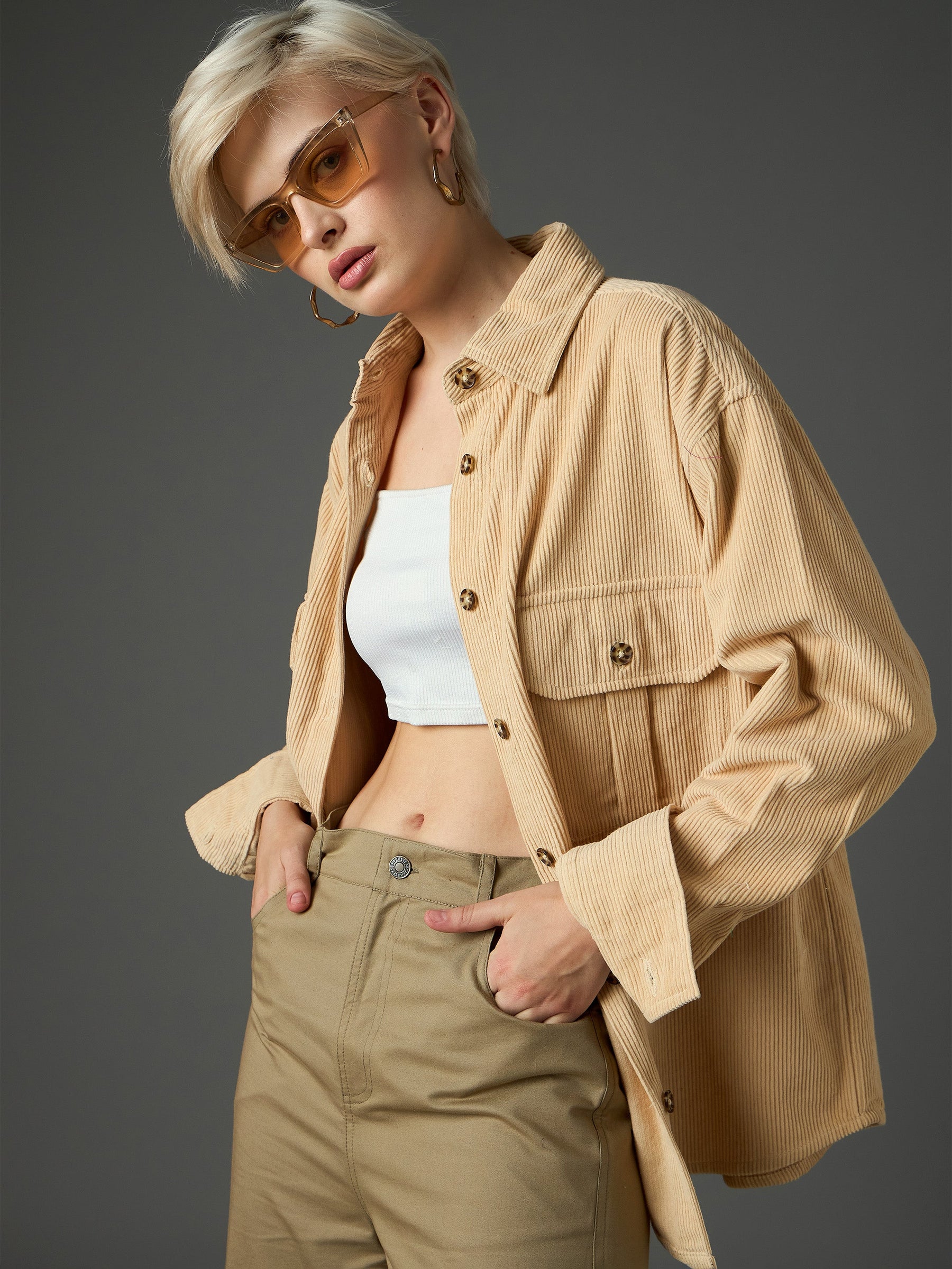 Light Beige Corduroy Oversized Shirt-SASSAFRAS