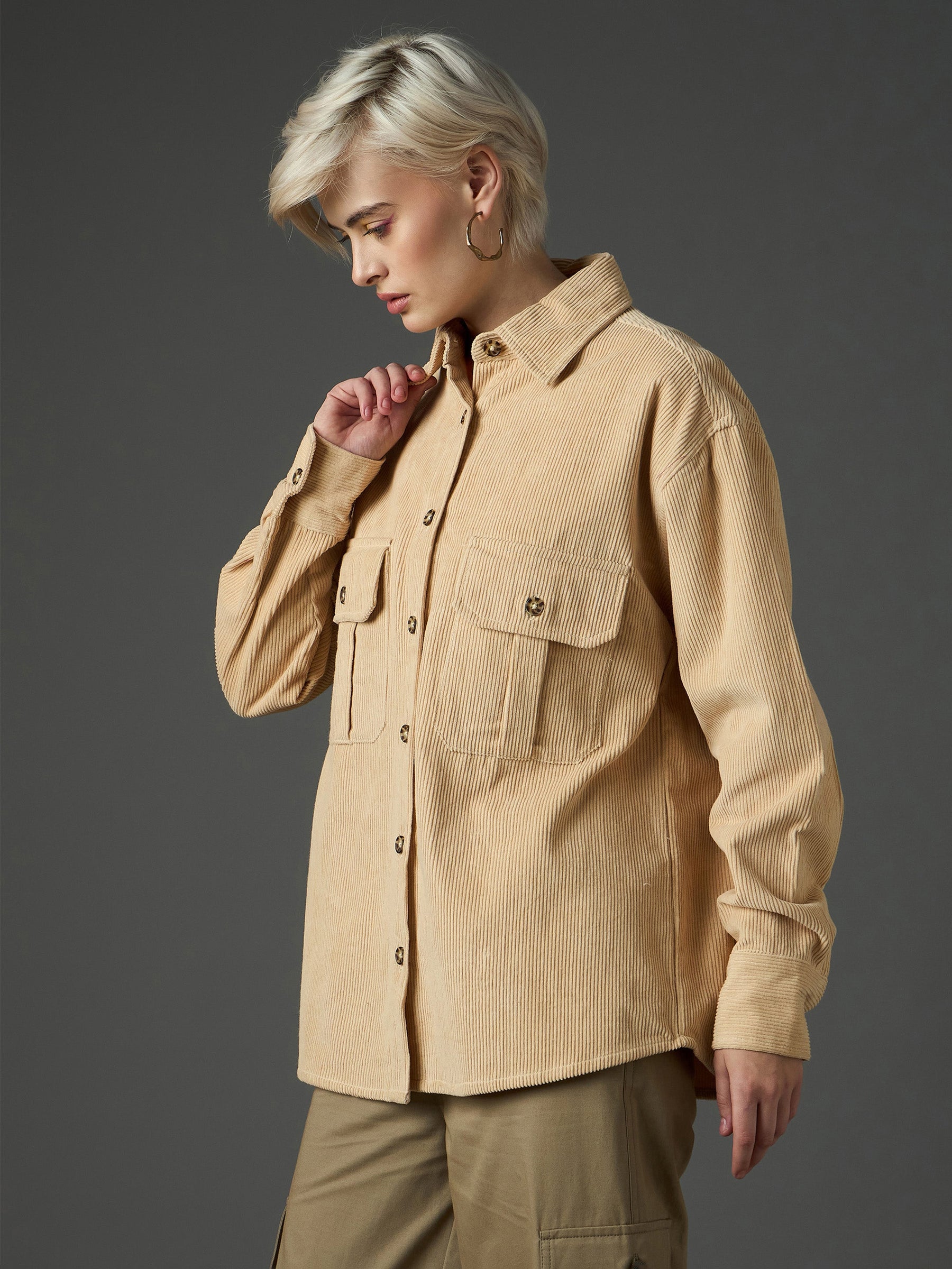 Light Beige Corduroy Oversized Shirt-SASSAFRAS