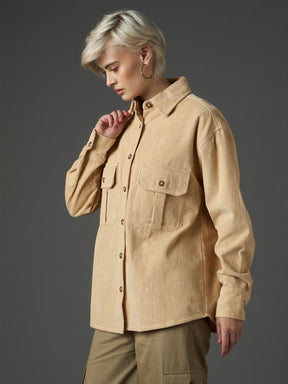 Light Beige Corduroy Oversized Shirt-SASSAFRAS