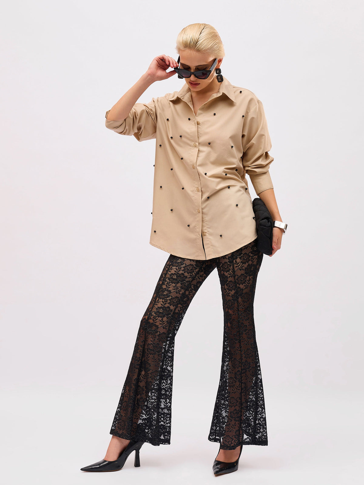 Beige Pearl Studded Regular Shirt -SASSAFRAS