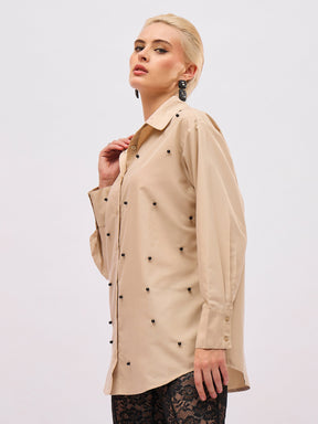 Beige Pearl Studded Regular Shirt -SASSAFRAS