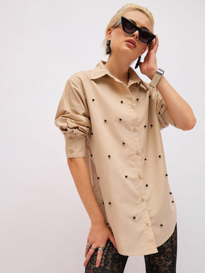 Beige Pearl Studded Regular Shirt -SASSAFRAS