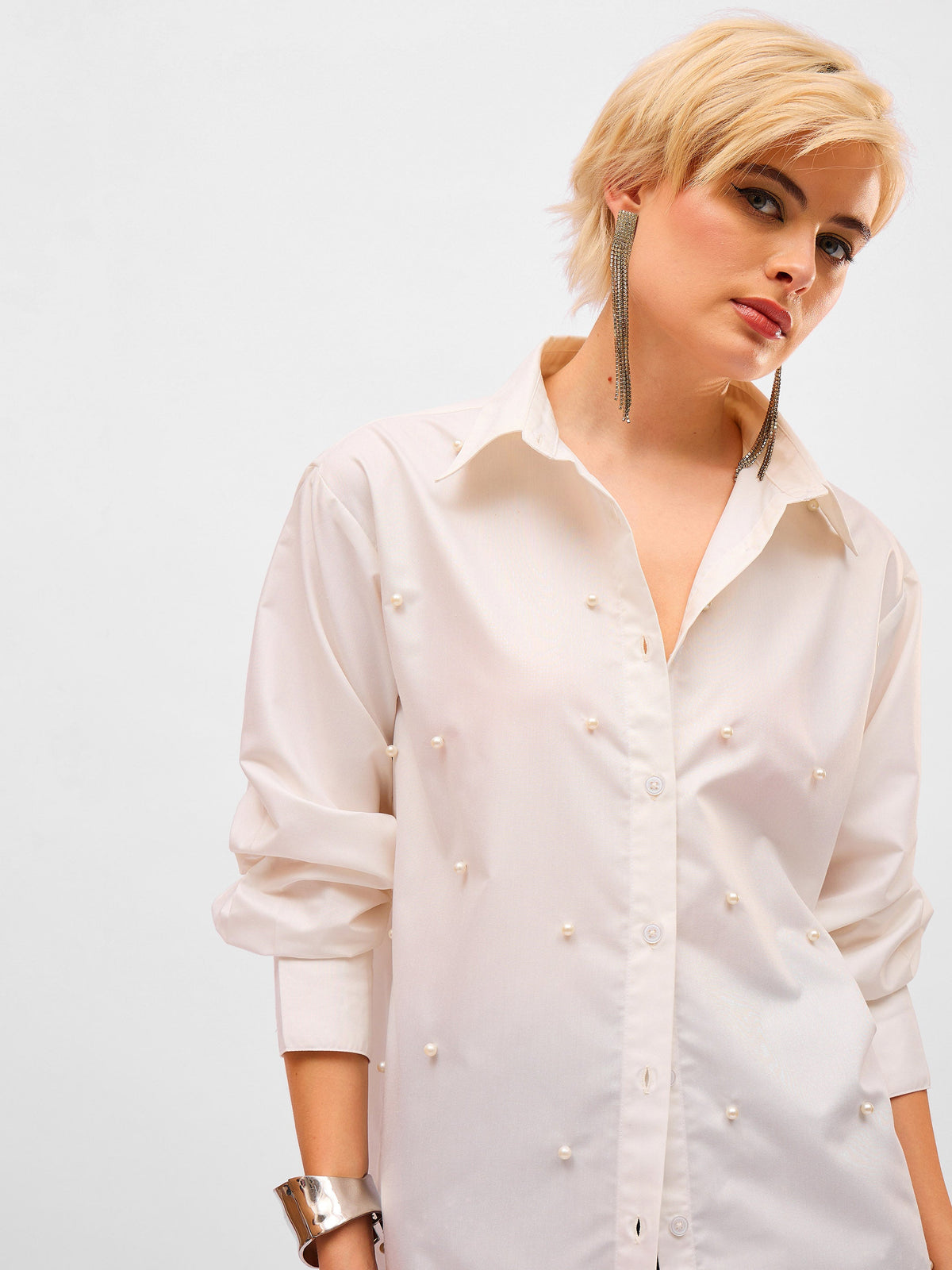 White Pearl Studded Regular Shirt -SASSAFRAS