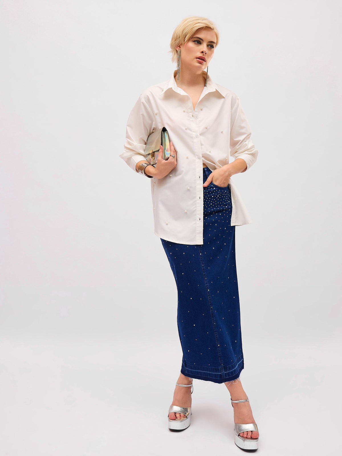 White Pearl Studded Regular Shirt -SASSAFRAS