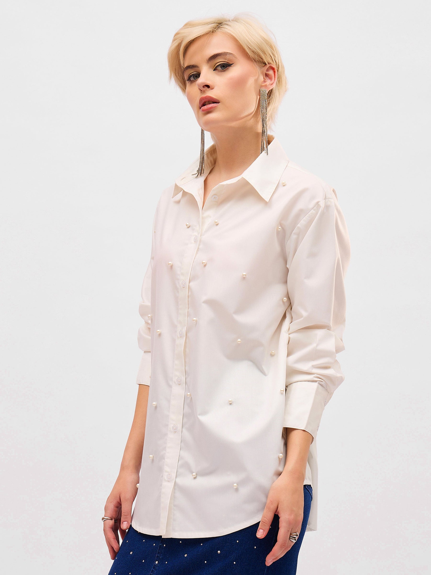 White Pearl Studded Regular Shirt -SASSAFRAS