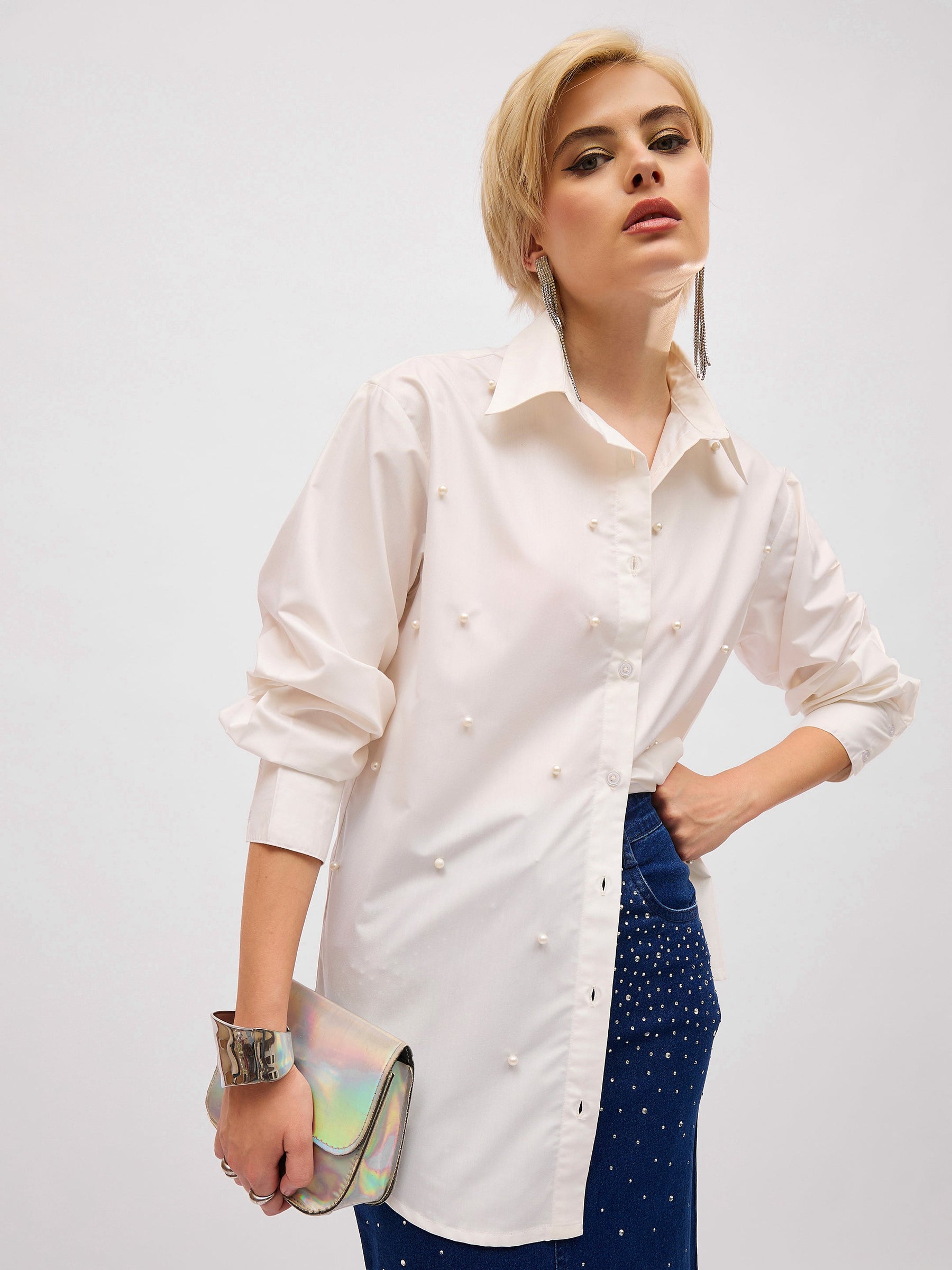 White Pearl Studded Regular Shirt -SASSAFRAS