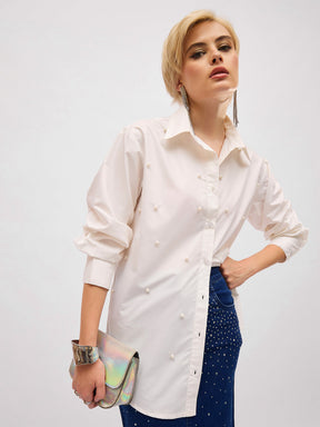 White Pearl Studded Regular Shirt -SASSAFRAS