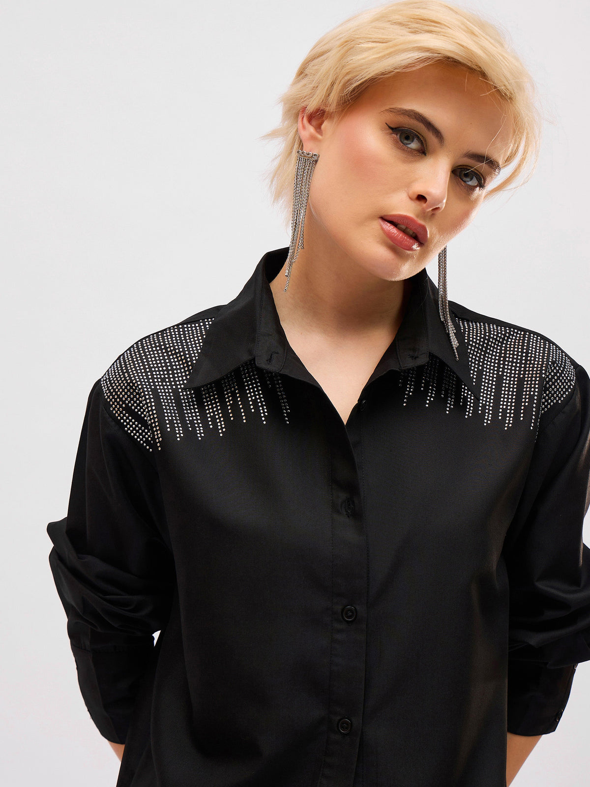 Black Shoulder Embellished Slim Fit Shirt -SASSAFRAS