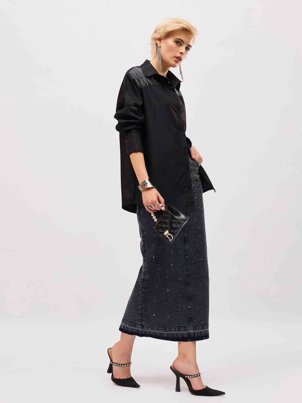 Black Shoulder Embellished Slim Fit Shirt -SASSAFRAS
