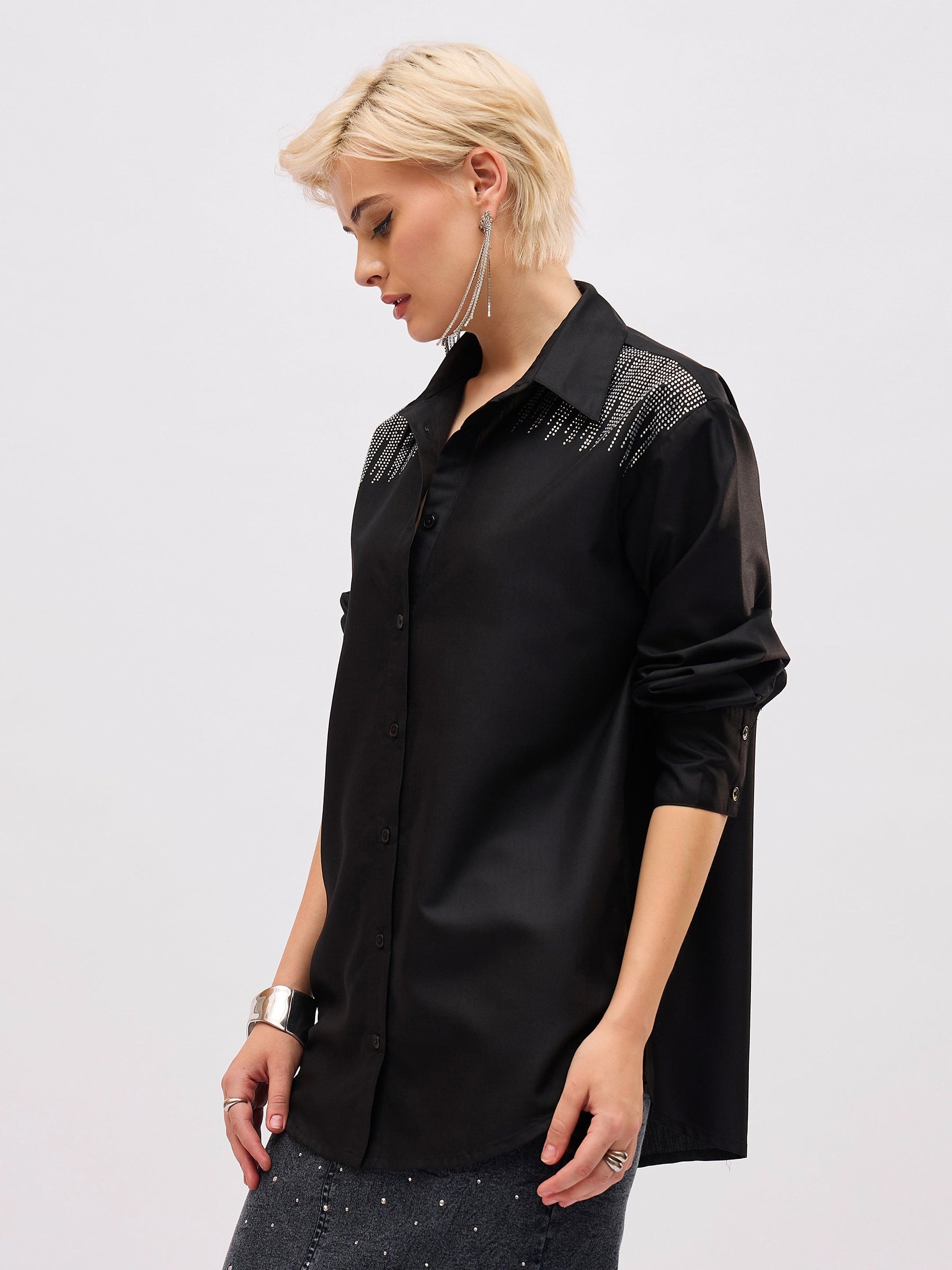 Black Shoulder Embellished Slim Fit Shirt -SASSAFRAS