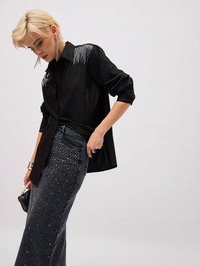 Black Shoulder Embellished Slim Fit Shirt -SASSAFRAS