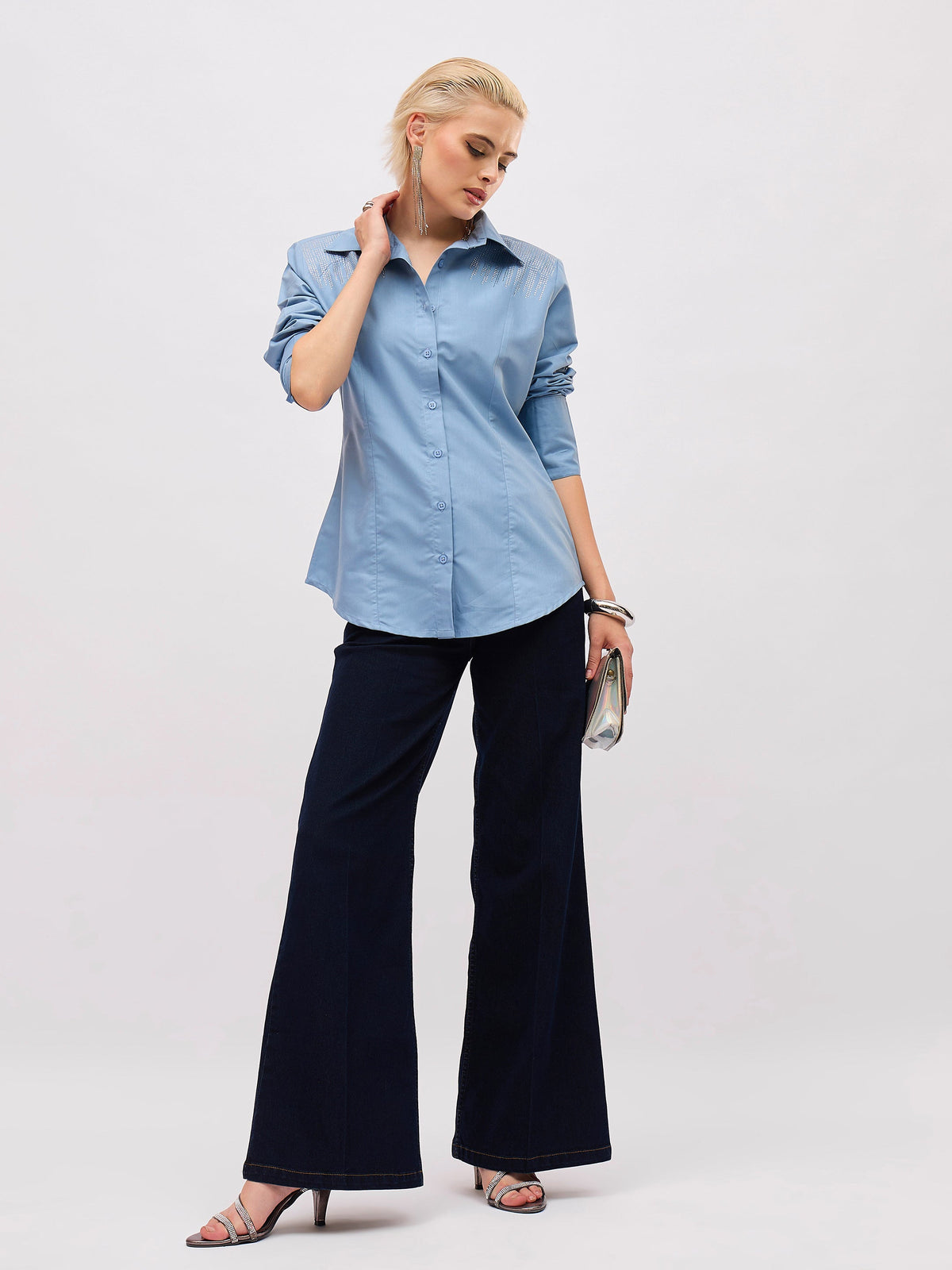 Dull Blue Shoulder Embellished Slim Fit Shirt -SASSAFRAS